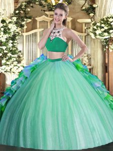 Tulle Sleeveless Floor Length Sweet 16 Quinceanera Dress and Beading and Ruffles
