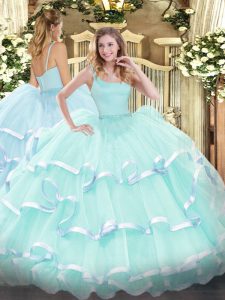 Inexpensive Apple Green Straps Neckline Beading and Ruffled Layers Sweet 16 Quinceanera Dress Sleeveless Zipper