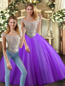 Graceful Floor Length Lace Up Vestidos de Quinceanera Eggplant Purple for Military Ball and Sweet 16 and Quinceanera with Beading