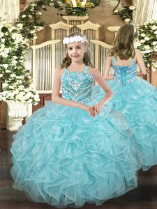 Light Blue Lace Up Little Girl Pageant Gowns Beading and Ruffles Sleeveless Floor Length