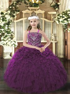 Sleeveless Floor Length Beading and Ruffles Lace Up Little Girls Pageant Gowns with Dark Purple