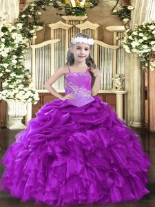 Organza Straps Sleeveless Lace Up Beading and Ruffles Little Girls Pageant Dress in Purple