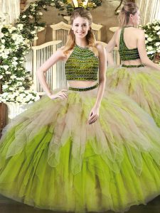 Flare Halter Top Sleeveless Tulle Quinceanera Gown Beading and Ruffles Lace Up