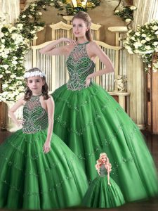 Glamorous Dark Green Ball Gowns Beading Quinceanera Dress Lace Up Tulle Sleeveless Floor Length