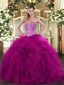 Fuchsia Quinceanera Dress Military Ball and Sweet 16 and Quinceanera with Beading and Ruffles Sweetheart Sleeveless Lace Up