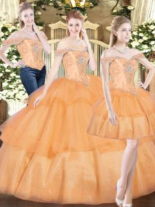Floor Length Lace Up Sweet 16 Quinceanera Dress Orange Red for Military Ball and Sweet 16 and Quinceanera with Beading and Ruffled Layers