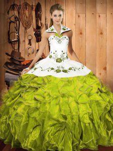 Olive Green Satin and Organza Lace Up Halter Top Sleeveless Floor Length Quinceanera Gowns Embroidery and Ruffles
