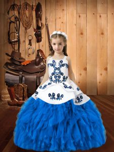 Blue Organza Lace Up Straps Sleeveless Floor Length Little Girls Pageant Dress Wholesale Embroidery and Ruffles