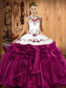 Flare Fuchsia Ball Gowns Embroidery and Ruffles Quince Ball Gowns Lace Up Organza Sleeveless Floor Length