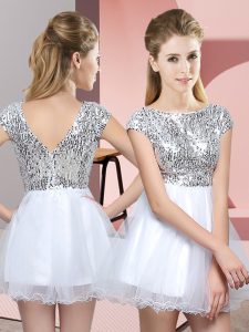 White Scoop Zipper Sequins Quinceanera Court of Honor Dress Cap Sleeves