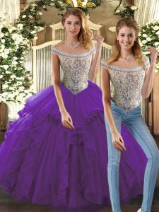Floor Length Lace Up Quinceanera Gown Purple for Military Ball and Sweet 16 and Quinceanera with Beading and Ruffles