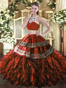 Traditional High-neck Sleeveless 15th Birthday Dress Floor Length Beading and Ruffles Rust Red Tulle