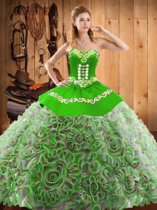 Sweetheart Sleeveless Satin and Fabric With Rolling Flowers 15 Quinceanera Dress Embroidery Sweep Train Lace Up