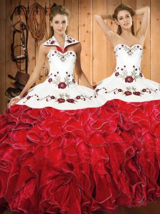 Inexpensive Ball Gowns 15 Quinceanera Dress White And Red Halter Top Satin and Organza Sleeveless Floor Length Lace Up