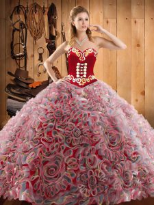 Glorious Sweetheart Sleeveless Sweep Train Lace Up Quinceanera Dress Multi-color Satin and Fabric With Rolling Flowers