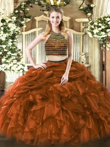 Beading and Ruffles Sweet 16 Quinceanera Dress Brown Zipper Sleeveless Floor Length