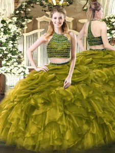 Excellent Two Pieces Sweet 16 Quinceanera Dress Olive Green Halter Top Tulle Sleeveless Floor Length Zipper