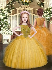 Sleeveless Floor Length Beading and Ruffles Zipper Pageant Gowns with Gold