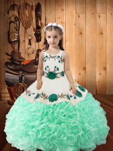 Straps Sleeveless Fabric With Rolling Flowers High School Pageant Dress Embroidery and Ruffles Lace Up