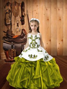 Floor Length Ball Gowns Sleeveless Olive Green Little Girls Pageant Gowns Lace Up