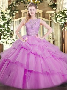 Custom Fit Scoop Sleeveless Sweet 16 Quinceanera Dress Floor Length Lace and Ruffled Layers Lilac Organza