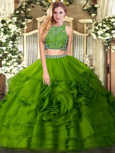 Gorgeous Olive Green Quinceanera Dress Military Ball and Sweet 16 and Quinceanera with Beading and Ruffled Layers High-neck Sleeveless Zipper