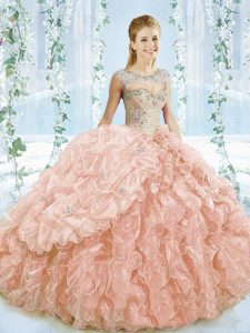 Extravagant Peach Sweet 16 Dress Organza Brush Train Sleeveless Beading and Ruffles