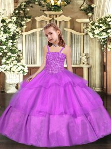 Lilac Pageant Gowns For Girls Sweet 16 and Quinceanera with Beading and Ruffled Layers Straps Sleeveless Lace Up