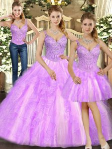 High Quality Floor Length Lace Up Sweet 16 Dresses Lilac for Military Ball and Sweet 16 and Quinceanera with Beading and Ruffles