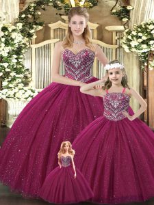 New Style Sweetheart Sleeveless Quinceanera Gown Floor Length Beading Burgundy Tulle