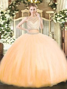 Dramatic Gold Two Pieces Tulle Scoop Sleeveless Beading Floor Length Zipper Quinceanera Gown