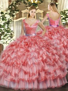 Affordable Sleeveless Floor Length Ruffled Layers Zipper Sweet 16 Dress with Watermelon Red