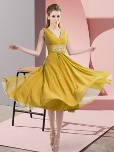 Fashion Empire Dama Dress Gold V-neck Chiffon Sleeveless Knee Length Side Zipper