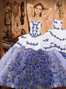 Fantastic Multi-color Ball Gowns Embroidery Sweet 16 Dress Lace Up Satin and Fabric With Rolling Flowers Sleeveless With Train