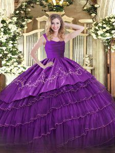 Suitable Eggplant Purple Zipper Ball Gown Prom Dress Embroidery and Ruffled Layers Sleeveless Floor Length