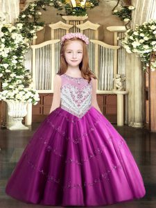 Fuchsia Evening Gowns Party and Quinceanera with Beading and Appliques Scoop Sleeveless Zipper