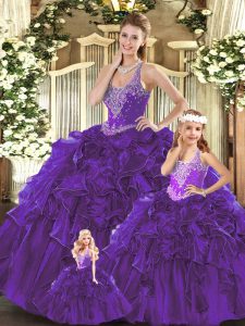 Purple Sleeveless Floor Length Beading and Ruffles Lace Up Sweet 16 Dress