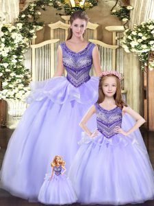 Luxury Sleeveless Floor Length Beading and Ruching Lace Up Sweet 16 Dresses with Lavender