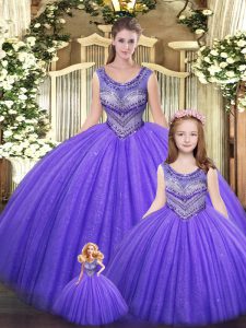 Eggplant Purple Tulle Lace Up Scoop Sleeveless Floor Length Sweet 16 Dress Beading