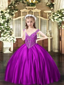 New Arrival Purple Sleeveless Floor Length Beading Lace Up Pageant Dress for Girls