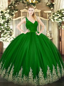 Glittering Floor Length Backless Sweet 16 Dress Green for Military Ball and Sweet 16 and Quinceanera with Beading and Lace and Appliques