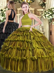 Custom Made Floor Length Olive Green 15th Birthday Dress Organza Sleeveless Beading and Ruffled Layers