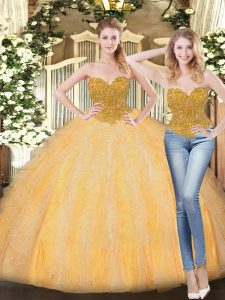 Hot Sale Gold Sweetheart Zipper Beading and Ruffles Quinceanera Dress Sleeveless