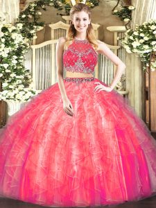 Coral Red Sleeveless Tulle Zipper Quince Ball Gowns for Military Ball and Sweet 16 and Quinceanera