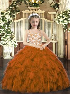 On Sale Brown Ball Gowns Beading and Ruffles Kids Formal Wear Lace Up Organza Sleeveless Floor Length