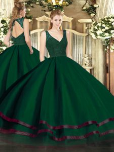 Sophisticated Sleeveless Floor Length Beading and Lace and Ruffled Layers Backless Ball Gown Prom Dress with Dark Green