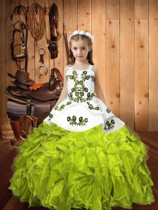 Sleeveless Organza Floor Length Lace Up Pageant Dress for Girls in Yellow Green with Embroidery and Ruffles
