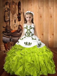 Sleeveless Organza Floor Length Lace Up Pageant Dress for Girls in Yellow Green with Embroidery and Ruffles
