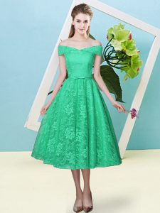 Sumptuous Tea Length Lace Up Quinceanera Court Dresses Turquoise for Prom and Party and Wedding Party with Bowknot
