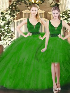 Admirable Straps Sleeveless Ball Gown Prom Dress Floor Length Beading and Ruffles Green Tulle